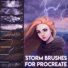 an image of a woman with red hair and lightning in the background, text reads storm brushes for procreate