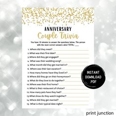 a gold confetti wedding game with the words,'anniversary couple nirvana '