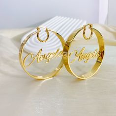 New Custom Hoop Earrings, Custom Name Earrings, Name Chunky Hoop Earrings, Personalized Earring, Big Hoop Earrings, Custom Gift for Mom . . . . . . . . . . . . . . . . . . . . . . . . . . . . . . . . .  * Product Description ♡ :  Stainless steel name bamboo earrings are a modern and stylish accessory that combines the natural beauty of bamboo with the durability of stainless steel. These earrings are designed with a sleek stainless steel base that can be customized with your name or initials. Du Custom Name Gold Hoop Earrings, Gold Hoop Plug Earrings As Gift, Custom Name Small Hoop Earrings For Gift, Custom Name Small Hoop Earrings As Gift, Hoop Plug Earrings As Gift, Gold Hoop Plug Earrings, Custom Name Metal Hoop Earrings, Custom Name Hoop Earrings, Earrings Name