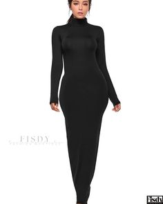 Fisdy - Elegant Long-Sleeved Maxi Dress with a Sleek High Neckline and Streamlined Silhouette Fitted Bodycon Dress, Chic Maxi Dresses, Fall Attire, Winter Knit Sweater, Dress Attire, Bodycon Maxi Dresses, Long Sleeve Print Dress, Round Neck Dresses, Maternity Shoot