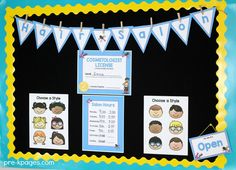 the bulletin board is decorated with pictures and information for students to use in their classroom