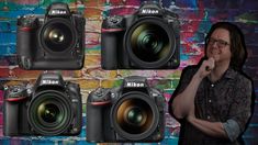 a woman standing in front of four different cameras with the words nikon on them