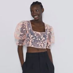 Nwt. Zara Peach Semi-Sheer Embroidered Crop Top With A Straight Neckline, Short Puff Sleeves, Matching Embroidered Appliqus, This Garment Is Not Lined. Size S. Ref. 2878/484. Pit To Pit 16" Flat, Shoulders 11", Sleeves 16,5", Length 16". 1017. Chic Embroidered Top By Zara, Zara Elegant Embroidered Top For Spring, Elegant Zara Embroidered Top For Spring, Fitted Puff Sleeve Top With Floral Embroidery, Fitted Embroidered Top With Puff Sleeves, Fitted Embroidered Top With Puff Sleeves And Floral Design, Zara Floral Embroidered Party Top, Zara Floral Embroidered Party Blouse, Zara Embroidered Blouse For Party