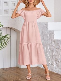 Sku CY-!161439 Material 95% Polyester Style Loose , A-line , Ruffle Sleeves Feature Pleated , Ruffled , Elasticity , Split-joint , Solid Color Neckline Off-the-shoulder Occasion Casual , Vacation Seasons Spring , Summer Type Midi Dresses Color PINK,GREEN,BLACK,APRICOT,DEEP PINK,LIGHT BLUE,LIGHT GREEN,LIGHT PURPLE Size S,M,L,XL Please consult the size chart we provide for this item's measurements to help you decide which size to buy.Please note: There may be 1-3cm differ due to manual measurement Feminine Pink Off Shoulder Dress For Summer, Feminine Pink Off-shoulder Summer Dress, Feminine Pink Off Shoulder Summer Dress, Casual Pink Off Shoulder Dress For Spring, Pink Casual Off Shoulder Dress For Spring, Off-shoulder Flowy Pink Midi Dress, Casual Off Shoulder Dress With Ruffles For Spring, Casual Off-shoulder Midi Dress With Ruffle Hem, Pink A-line Midi Dress With Ruffle Hem