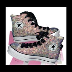 Welcome, Crystal Ab Iridescent Diamond Converse, Strong And Permanent Design With Luxe Crystals And Additional Ribbons Laces, Hightop Platform Converse New With Box Comes With Ribbon Laces And Original Laces Women’s Sizes In Usa Sizing Choose Any Colour(S) Stones From The Chart Add To Bundle To Discuss Colour Changes Or Mixes Will Be Sent With Black Ribbon Laces Unless Any Changes Are Made Text Can Be Added Style Pictured; High Top Converse Styles Available; Add To Bundle Or Send A Message After Diamond Converse, Hightop Platform Converse, High Top Platform Converse, Quinceanera Shoes, White Platforms, Leather Chuck Taylors, Ribbon Laces, Converse Shoes Womens, Converse New