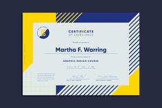 a certificate for martha e warning is displayed on a blue and yellow striped paper background