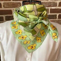 Original ElectrickInk design chartreuse silk scarf. Abstract oversized puzzle pieces bordered by whimsical yellow flower power poppies. Original hand drawn design. 100% Silk twill supple, light weight and luxurious. Puzzle shapes  Details: * A fashion accessory art piece. * Baby hem white thread. * Measurements: 32" x 23.5" * This is our 100% genuine, natural silk. Made of a silk twill weave, with an organzine warp, using crepe twist yarn.  Wearable art scarves By ElectrickInk ElectrickInk art wear scarves are original designs that are bold and meant to reflect how you feel. Abstract Print Scarf, Casual Yellow Scarf For Spring, Green Silk Scarf For Summer, Casual Yellow Summer Scarves, Artistic Floral Print Scarves For Spring, Vintage Scarves For Spring One Size, Vintage One Size Scarves For Spring, Spring Floral Print Silk Scarf, Vintage One Size Scarf For Spring