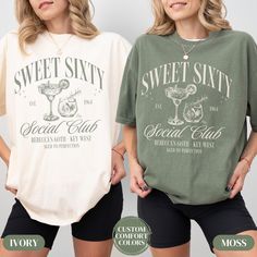 two women wearing t - shirts and shorts with the words sweet sixty written on them