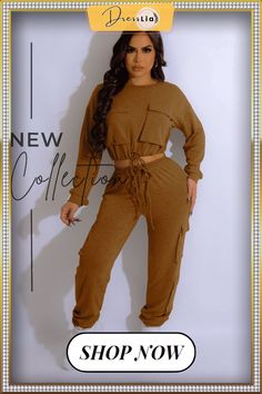 Casual Long Sleeve Lace Up Crop Top Cargo Pants Suit Fall Trousers Sets With Pockets, Solid Midi Dress, Drawstring Top, Cuffed Pants, Long Sleeves Coats, Casual Sets, Two Piece Outfit, Wholesale Clothing, Long Sleeve Lace