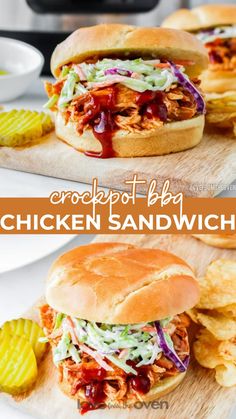 the chicken sandwich with coleslaw is on a cutting board next to potato chips