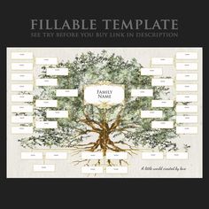 a family tree with the names and branches labeled in white on a black background that says, fillable template see try before you buy link in description