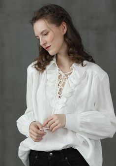 White Lace-up Linen Shirt Ruffled Linen Shirt Puff Sleeve - Etsy Bohemian Linen Blouse With Ruffles, Long Sleeve Linen Blouse With Ruffles, Elegant Linen Blouse With Lace Trim, Long Sleeve Linen Tops With Lace Trim, Linen Long Sleeve Tops With Lace Trim, Victorian Ruffle Collar, Victorian Pants, Tartan Blouse, Ruffle Shirts Blouses