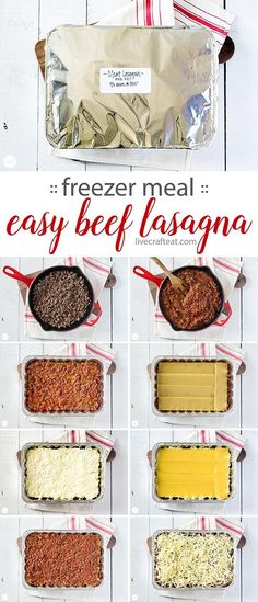 freezer meal easy beef lasagna recipe in six different containers with text overlay that reads freezer meal easy beef lasagna