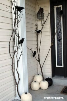 halloween decorations on the front porch with black and white pumpkins hanging from tree branches