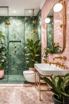 Green pink bathroom Pink Tiled Bathroom, Baie Vintage, Tiled Bathroom, Green Tile Bathroom, Bathroom Inspo, Green Bathroom, Dream House Interior