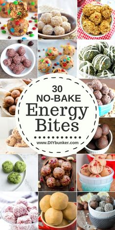 no bake energy bites collage with text overlay that reads 30 no bake energy bites