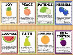 fruit and vegetable cards with words describing the different fruits