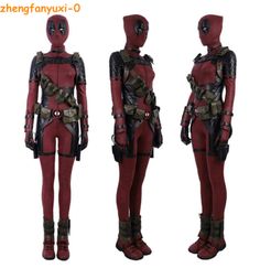 three different views of a woman in red and black costume with armors on her body