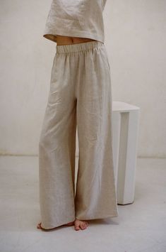 Woven 100% Linen Waist Banded Wide Leg Pants (No Lining) Yoga Linen Outfit, Beige Relaxed Fit Full Length Bottoms, Beige Full-length Bottoms With Elastic Waistband, Full Length Beige Bottoms With Elastic Waistband, Non-stretch Wide Leg Beige Pants, Beige Wide-leg Non-stretch Pants, Linen Summer Outfits, Loose Cotton Pants, Pinterest Wardrobe