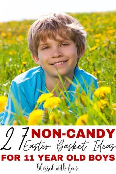 a young boy sitting in the middle of a field with yellow flowers and text that reads,