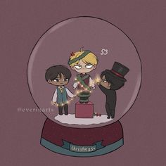 some cartoon characters in a snow globe with one person holding the other's hand