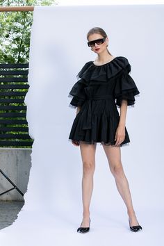 Black Ruffle Taffeta Dress, Party Dress, Puff Sleeves Dress Our Fall Winter Collection comes with this chic black tutu mini dress in layers of ruffles in soft Italian taffta and tulle. The best choice for every occasion - Black Ruffle Tulle Dress Fabrication : Taffeta and Tulle Color : Black Length : 85 Cm / 33.5 Inches Size : You can find our size chart in the pictures above, based on your measurements. ? NEED HELP ? Convo us :) We can make this dress as long as you prefer :) ------------------ Spring Party Tiered Dress With Ruffles, Cotton Tiered Skirt Party Dress, Chic Black Tiered Dress With Ruffles, Black Spring Dress With Attached Cancan, Cotton Tiered Skirt Dress For Party, Black Ruffle Sleeve Party Dress, Black Ruffled Skirt Cocktail Dress, Black Dress With Ruffle Sleeves, Black Tiered Dress With Ruffles