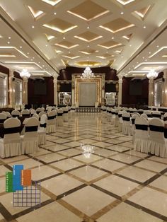 an empty banquet hall with tables and chairs