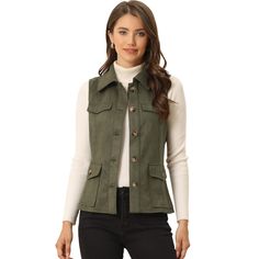 A classic sleeveless jacket refines the versatile style's utilitarian vibe, and the faux suede fabric updates the look. Make a smart casual look with this rustic sleeveless jacket. The round buttons and flap pockets lend style to practicality. Simply wear it over a solid-colored top to complete your look! This faux suede utility vest is chic and never out of style. Green Sleeveless Jacket, Womens Tailored Suit, Army Green Vest, Faux Suede Vest, Cargo Vest, Utility Vest, Suede Vest, Green Vest, Faux Suede Fabric