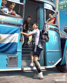 a man standing in the doorway of a blue bus