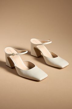 Leather upper, insole, sole Slip-on styling Imported | Square-Toe Mule Heels by Anthropologie in Beige, Women's, Size: 6, Leather Wedding Mules, Corporate Clothes, Boho Wedding Shoes, Ivory Heels, Bridal Shoes Low Heel, Feather Heels, Fun Wedding Shoes, Cream Heels, Comfy Heels