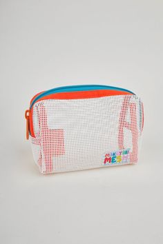 a white and red pencil case with an elephant on the front, blue trim around the bottom