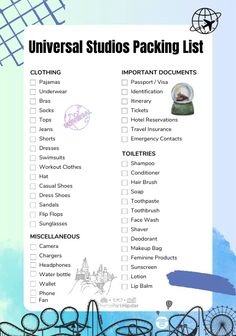 the universal studios packing list is shown