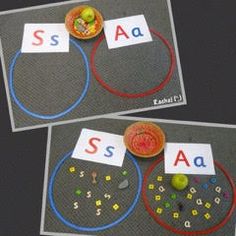 two pictures with letters and numbers on them in the shape of circles, which are connected to each other