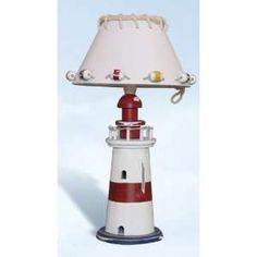 a red and white lighthouse lamp with a shade on it