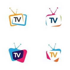 four tv logos with different colors and shapes