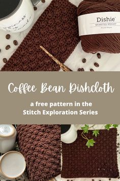 coffee bean dishcloth with text overlay reading coffee bean dishcloth a free pattern in the stitch explanation series