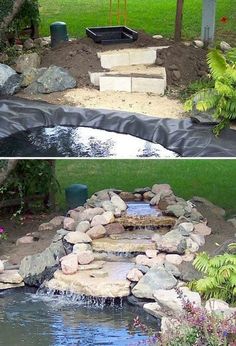 two different views of a pond with rocks and water flowing from the bottom to the bottom