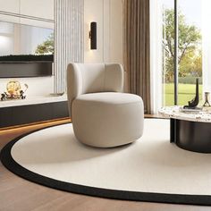 a modern living room with white and black furniture