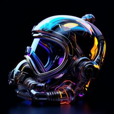 a futuristic helmet and goggles on a black background with multicolored light effects