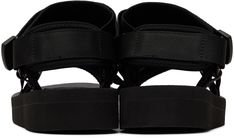 Nylon webbing flat sandals in black. · Open round toe · Adjustable velcro straps at vamp and ankle · Textile logo patch at outer side · Bonded jersey lining · Textured Vibram® rubber footbed · Treaded Vibram® rubber outsole Supplier color: Black Line Texture, Textile Logo, Velcro Straps, Flat Sandals, Black Sandals, Patch Logo, Sandals, Black, Color