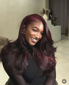 Cherry Red Hair On Black Women, Cherry Hair Black Women, Keratin Hairstyles, Dark Autumn Hair Color, Hair Lookbook, Dark Cherry Red, Wine Hair, Sew In Hairstyles, Dark Red Hair