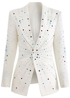 Long Sleeve Embellished Blazer White DESIGN: Color: White V-neck Long sleeves Pocket detail Button detail Embellished Lined Gentle Dry Clean Only MATERIAL: Polyester + Cotton High quality durable fabric. Delicate sewing and hemming by durable needle lockstitch machine. YKK zipper (known as the most durable and reliable zippers manufactured today). To maintain the beauty of your garment, please follow the care instructions on the attached label. Color may vary due to lighting on images. The produ Blazer Pattern, Long Sleeve Suit, Slim Fit Coat, Slim Blazer, Geometric Sleeve, Heavy Industry, Button Long Sleeve, Coat For Women, Single Button Blazer