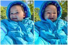 two pictures of a baby in a blue jacket with his mouth open and tongue out