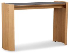 a wooden desk with a black top and bottom shelf on one side, against a white background