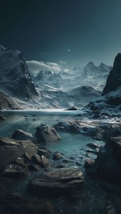 the mountains are covered in snow and rocks, with water running through them at night