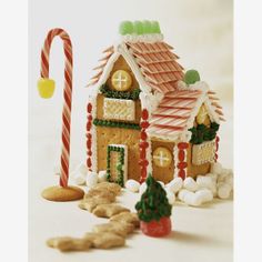 a gingerbread house with candy canes and cookies