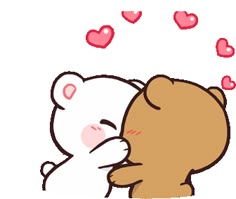 a bear hugging another bear with hearts flying around