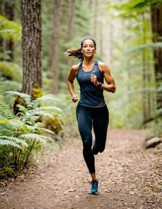 a woman running down a trail in the woods