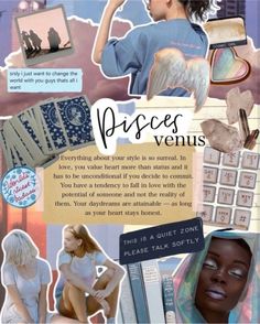 a collage of photos with the words pieces venus on it and an image of a woman's face