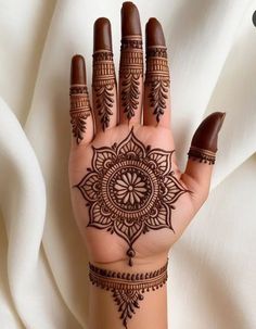 a hand with henna tattoos on it and some brown nail polish in the middle